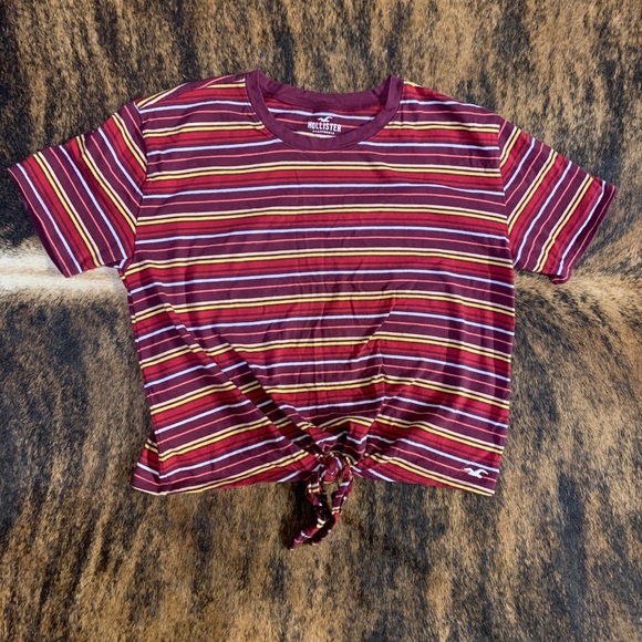 Hollister Tops - Hollister size Medium striped tie front crop shirt. Maroon, red, yellow, blue